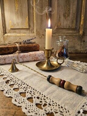 Vintage Brass & Turned Wood Candle Snuffer | Twisted Stem | Country Cabin Core